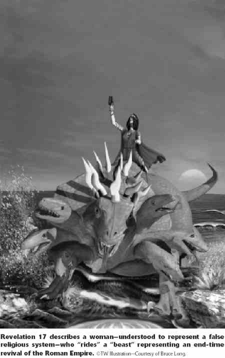 woman ridding a beast with sevens heads and ten horns